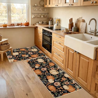 Baccessor Fall Kitchen Rugs Set of 2, Pumpkin Floral Kitchen Mats for Floor Washable Low-Profile Farmhouse Autumn Holiday Home Indoor Outdoor Decor 17x29 and 17x47 Inch