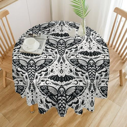 Boho Moth Tablecloth, Gothic Mysterious Halloween Black White Death Butterfly Bat Witch Print Table Cloth for Kitchen Dining Picnic Party Restaurant Decoration, 50x50in