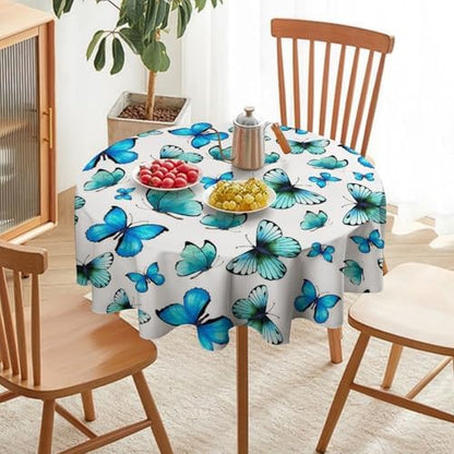 Blue Butterfly Tablecloth, Cute Animal Green Teal Butterfly Fantasy Wings Print Table Cover for Home Kitchen Outdoor Party Picnic Wedding Decor, 70x70in