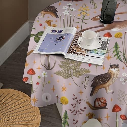 Rustic Forest Tablecloth, Pink Woodland Wild Animal Hare Squirrel Owl Snail Flowers Mushroom Table Cloth for Home Kitchen Dining Outdoor Patio Wedding Decor, 36x36in