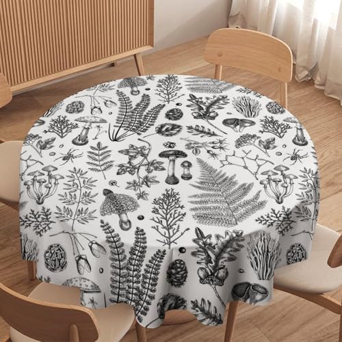 Vintage Mushroom Tablecloth, Black White Nature Forest Fern Leaves Autumn Plants Botanical Print Table Cover for Home Dining Decor Kitchen Party Outdoor, 50x50in