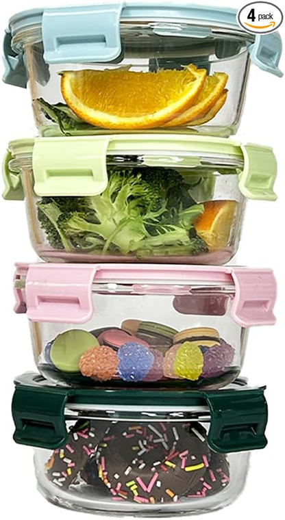 12OZ Round Glass Food Storage Containers With Lids, 1.5 Cup Round Meal Prep Containers with Lid BPA-Free, Small Glass Food Bowl for Soup Leftover, Microwave, Dishwasher, Freezer Safe-4 Pack