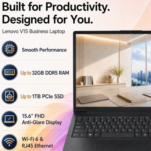 Lenovo V15 Ultra Slim College Student Laptop | 15.6" Anti-Glare FHD Display | Powerful Intel Quad-Core Processor | 16GB DDR5 RAM | 1TB SSD | Wi-Fi 6, Ethernet, HDMI, All-Day Battery | Windows 11 Pro