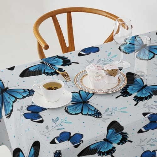 Blue Flying Butterfly Tablecloth, Vintage Celestial Butterfly Herbs Leaves Flower Print Table Cloth for Farmhouse Kitchen Party Picnic Dinner Decor 55x55in