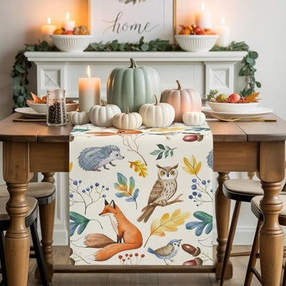 Fall Table Runner Autumn Animal Table Runners Harvest Thanksgiving Owl Bird Fox Leaves Cotton Linen Dresser Scarf Kitchen Dining Table Decor for Autumn Holiday Party Coffee 13x90 Inch