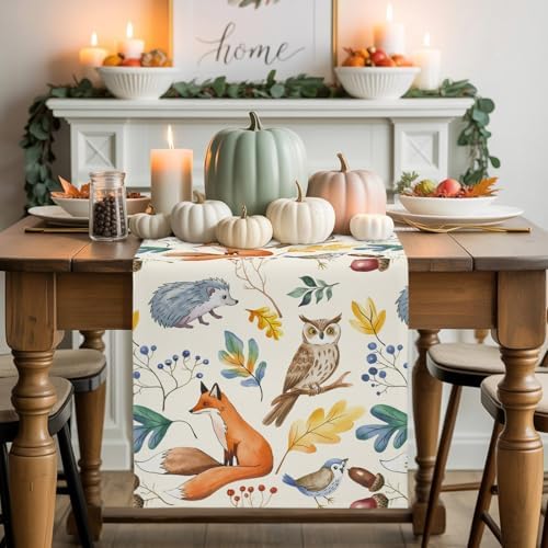 Fall Table Runner Autumn Animal Table Runners Harvest Thanksgiving Owl Bird Fox Leaves Cotton Linen Dresser Scarf Kitchen Dining Table Decor for Autumn Holiday Party Coffee 13x36 Inch