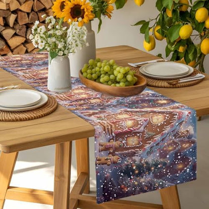 Christmas Table Runner Dresser Scarf 13 x 108 Inch Gingerbread Man House Candy Winter Night Snow Scene Table Runners Non-Slip Heat Resistant Kitchen Dining Table Decor for Home Holidays Indoor Outdoor