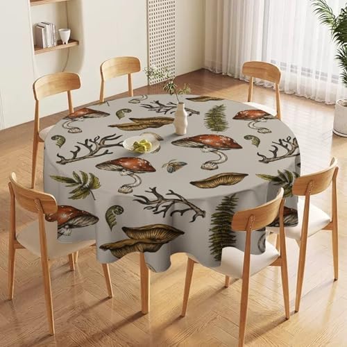 Vintage Woodland Mushroom Tablecloth, Nature Forest Plants Botanical Ferns Print Table Cloth for Farmhouse Kitchen Party Picnic Dinner Decor, 36x36in