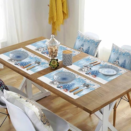 Christmas Gnome Placemat 1PC, Winter Merry Christmas Tree Balls Heat Resistant Washable Table Place Mats Blue Cotton Table Linens Party Holiday Decor for Kitchen Dining Outdoor Indoor