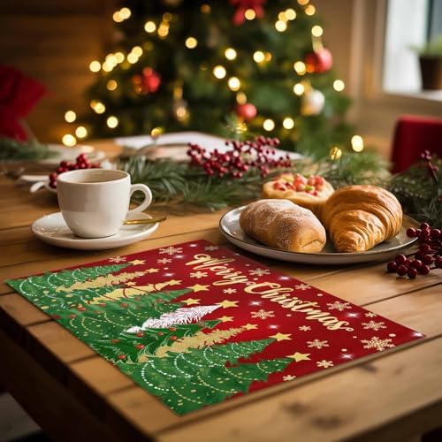 Christmas Placemats Set of 4, Merry Christmas Heat Resistant Washable Dining Table Mats Xmas Holiday Farmhouse Decor for Kitchen&Linens Outdoor Indoor, Gold Star Xmas Tree Snowflakes