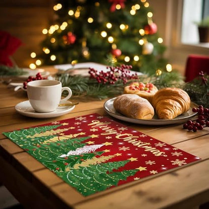 Christmas Placemats Set of 4, Merry Christmas Heat Resistant Washable Dining Table Mats Xmas Holiday Farmhouse Decor for Kitchen&Linens Outdoor Indoor, Gold Star Xmas Tree Snowflakes