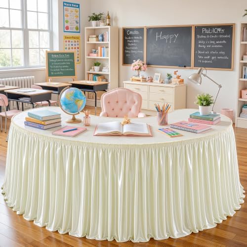 Wish Care 14ft Ivory Satin Table Skirt for Rectangle Tables Wrinkle Free Teacher Desk Skirt Glitter Ruffle Table Skirting Cloth for Back to School Classroom Office Dorm Birthday Party Table Decor