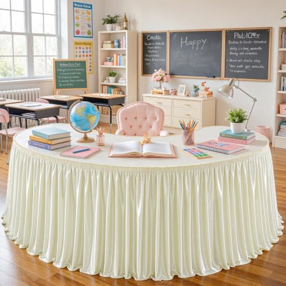 Wish Care 14ft Ivory Satin Table Skirt for Rectangle Tables Wrinkle Free Teacher Desk Skirt Glitter Ruffle Table Skirting Cloth for Back to School Classroom Office Dorm Birthday Party Table Decor