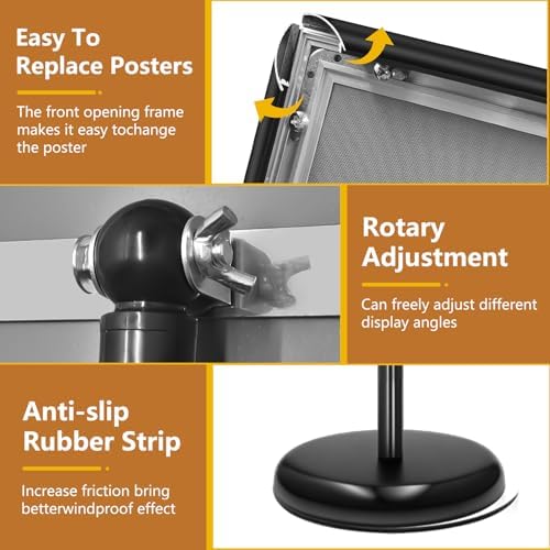 Sign Holder Stand 8.5x11 Inch, Adjustable Sign Stand with 360 Rotated Frame, Floor Standing Sign Holder, Snap-Open Frame Display, Outdoor Indoor Poster Display for advertising, Malls, Black