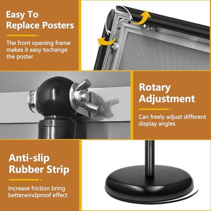 Sign Holder Stand 8.5x11 Inch, Adjustable Sign Stand with 360 Rotated Frame, Floor Standing Sign Holder, Snap-Open Frame Display, Outdoor Indoor Poster Display for advertising, Malls, Black