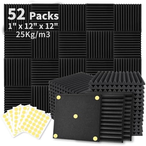 Focusound 52 Pack Acoustic Foam Panels 1" x 12" x 12" Sound Proof Foam Panles Soundproofing Noise Cancelling Wedge Panels for Home Office Recoding Studio with 300PCS Double-Side Adhesive