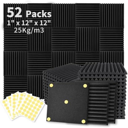 Focusound 52 Pack Acoustic Foam Panels 1" x 12" x 12" Sound Proof Foam Panles Soundproofing Noise Cancelling Wedge Panels for Home Office Recoding Studio with 300PCS Double-Side Adhesive