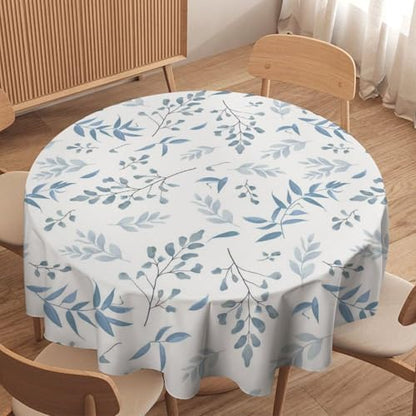 Blue Leaves Tablecloth, Summer Light Blue White Grey Leaves Fern Forest Herbs Plants Print Table Cloth for Indoor Outdoor Dining Table Party Picnic Decor, 36x36in