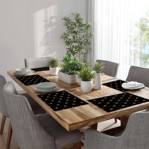 Batmerry Black French Fleur De Lis Placemats,Golden Pastoral Flowers Washable Linen Table Mats for Kitchen Table Double Insulation Decor Dining Set Indoor Outdoor 12X18 in Set of 4