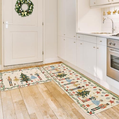 JarThenaAMCS Christmas Nutcracker Kitchen Mat Set of 2 Watercolor Nutcracker Kitchen Floor Mats Xmas Cartoon Non-Slip Door Rugs for Party Home Entrance, 17 x 29 Inch & 17 x 47 Inch