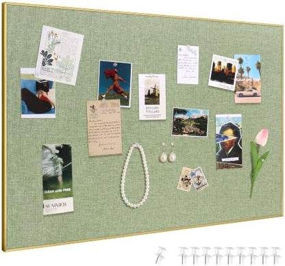 SELEAD Linen Bulletin Board 30” x 20” - Golden Aluminum Frame, Green Fabric