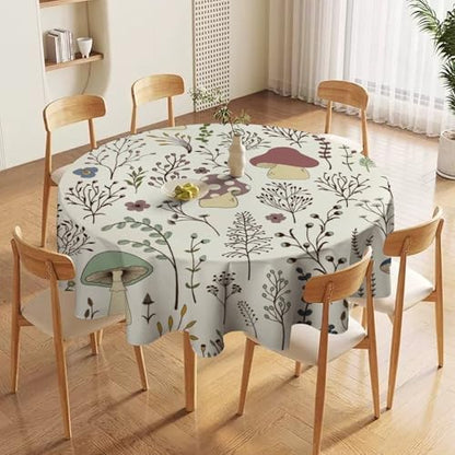 Mushroom Tablecloth, Boho Floral Rustic Wildflower Herbs Plants Colorful Botanical Green Leaves Print Table Cloth for Kitchen Dining Picnic Party Restaurant Decoration, 36x36in