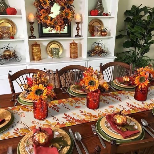 Fall Pumpkin Table Runner Dresser Scarf 16 x 72 Inch Harvest Orange Maple Leaves Table Runners Non-Slip Heat Resistant Kitchen Dining Table Decor for Autumn Thanksgiving Holidays Indoor Outdoor