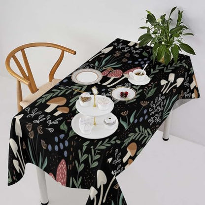 Mushroom Tablecloth, Cartoon Green Leaves Mushroom Wildflower Plant Botanical Herb Nature Garden Print Table Cloth for Home Kitchen Outdoor Party Picnic Wedding Decor 60x110in