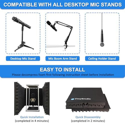 TroyStudio Large Microphone Isolation Shield, Foldable Vocal Booth Reflection Filter, 2 Inches Thick Acoustic Foam Panel Music Sing Podcast Recording Studio Adjustable Sound Box for Desk & Laptop