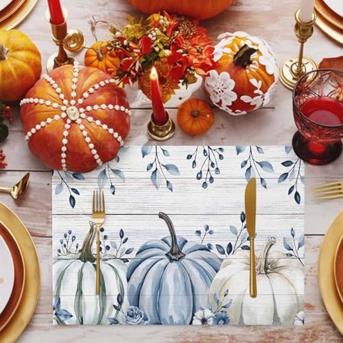 Fall Placemats Set of 4, Blue Pumpkin Place Mats White Blue Pumpkins Eucalyptus Wooden Tablemats Harvest Thanksgiving Placemat Table Decoration for Kitchen Table Holiday Dinner Party Autumn Home Decor