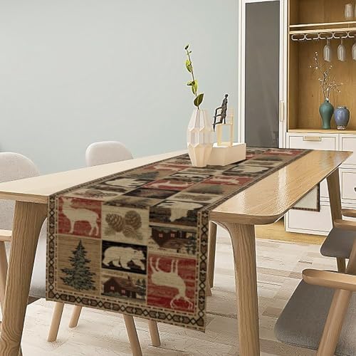 Retro Rustic Table Runner, Vintage Moose Deer Bear Leaf Tree Country Style Farmhouse Cottage Cabin Dinner Table Decoration for Home Kitchen Dining 13"x60"