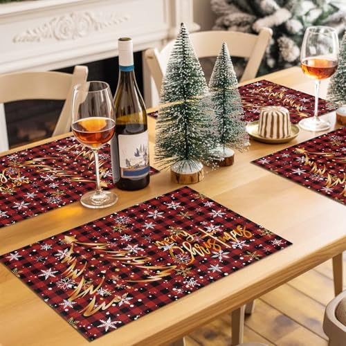 Merry Christmas Placemats Set of 4, Gold Xmas Tree Heat Resistant Washable Table Place Mats Red Black Buffalo Plaid Pattern Cotton Table Linens Party Holiday Decor for Kitchen Dining Outdoor Indoor