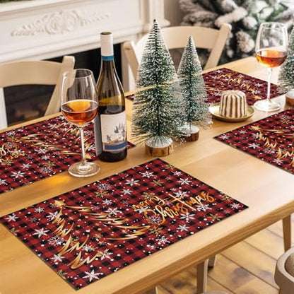 Merry Christmas Placemats Set of 4, Gold Xmas Tree Heat Resistant Washable Table Place Mats Red Black Buffalo Plaid Pattern Cotton Table Linens Party Holiday Decor for Kitchen Dining Outdoor Indoor