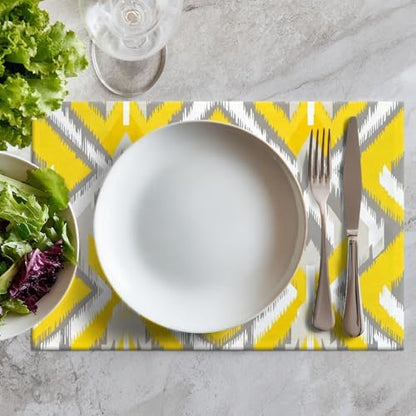 Batmerry Yellow and Gray Retro Ikat Pattern Linen Placemats Set of 6, Geometric Washable Table Mats for Kitchen Table Thickened Heat Insulation Dining Set Indoor Outdoor 12X18 in