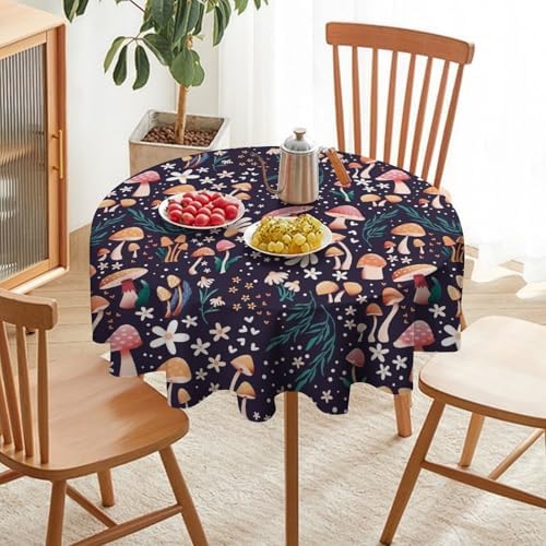 Retro Mushroom Tablecloth, Cartoon Forest Mushroom Florals Leaves Woodland Garden Table Cloth for Kitchen Dining Coffee Table Outdoor Party Decor, 50x50in