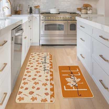 Baccessor Maple Leaves Fall Kitchen Rugs Set of 2, Autumn Leaves Kitchen Mats for Floor Low-Profile Fall Thanksgiving Home Decor 17x29 and 17x47 Inch