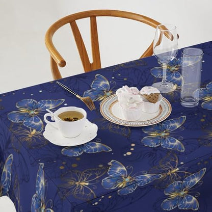 Retro Blue Butterfly Tablecloth, Luxury Golden Blue Butterfly Print Table Cover for Home Dining Decor Kitchen Party Outdoor 55x75in