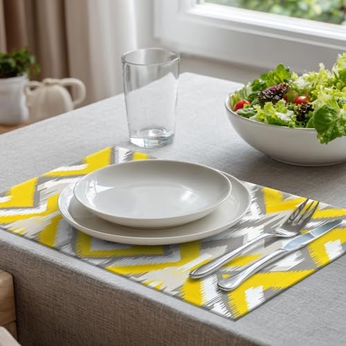 Batmerry Geometric Placemats,Retro Geometric Ikat Yellow Gray Pattern Woven Burlap Modern Linen Washable Insulation Table Mats for Farmhouse Placemats Set of 4