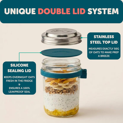Overnight Oats Jars with Lids and Spoon - Glass Chia Pudding Containers - 16 oz Leakproof Mason Jar for Oatmeal - Wide Mouth To Go Meal Prep Cup with Measurement Markings - 1 Pack