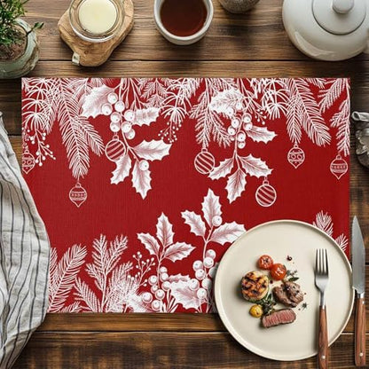 Red Christmas Placemats Set of 4, Floral Pine Leaf Xmas Balls Heat Resistant Washable Table Place Mats White Winter Holidays Cotton Table Linens Party Holiday Decor for Kitchen Dining Outdoor Indoor