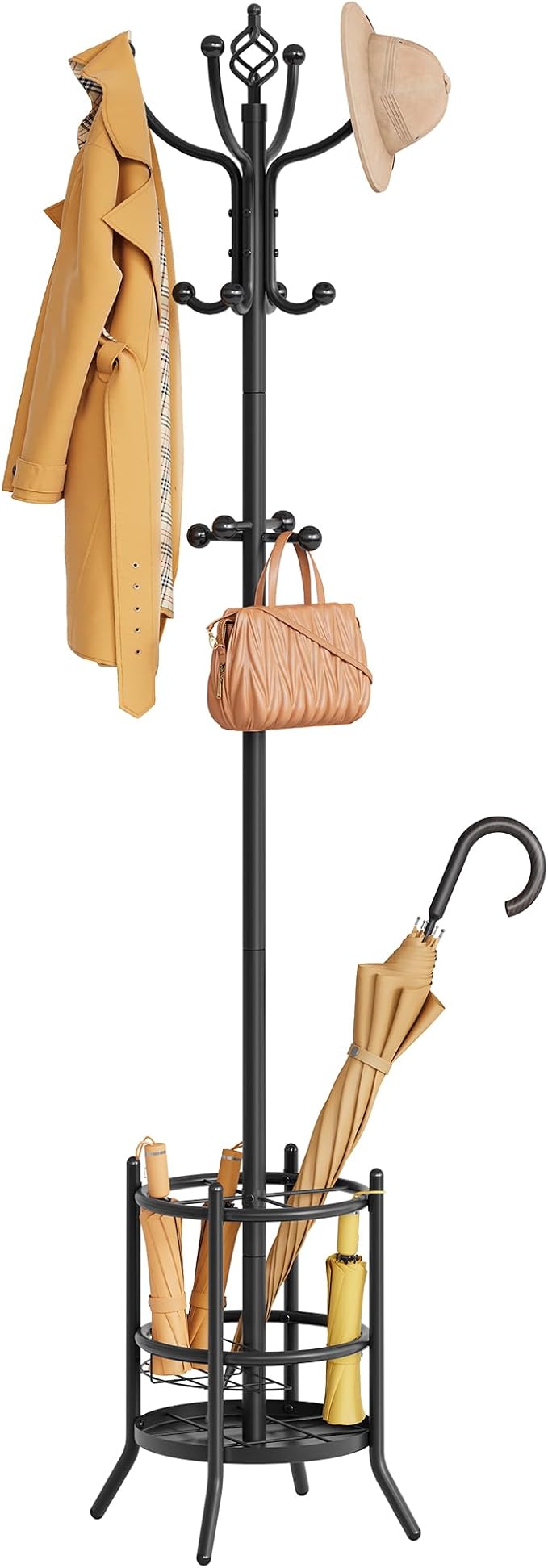 Tajsoon Coat Rack Stand with Umbrella Holder, Coat Tree Freestanding with 16 Hooks, Coat Hangers Stand for Living Room, Bedroom, Office, Black