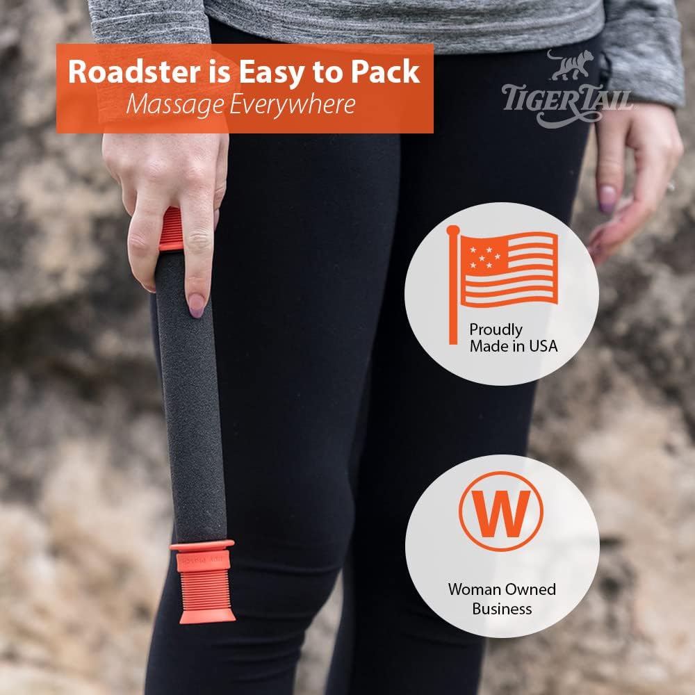 Tiger Tail 11in Massage Stick Portable Roller, Handheld, Deep Tissue Foam Roller for Legs, Neck, Calves, Thighs, Shins & Back, The Roadster 11, Made in USA, Orange Black