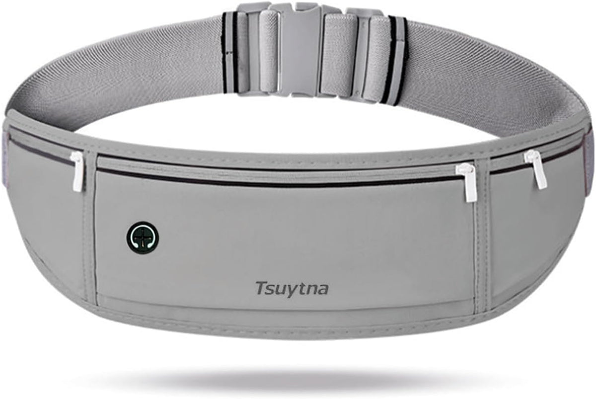 Running Belt for Women & Men - Slim Phone running belt with Water-Resistant Phone Holder, 3 pockets Adjustable Waist Strap, Reflective Safety Design for Running, Hiking, Travel，Fitness (Grey)
