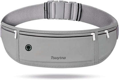 Running Belt for Women & Men - Slim Phone running belt with Water-Resistant Phone Holder, 3 pockets Adjustable Waist Strap, Reflective Safety Design for Running, Hiking, Travel，Fitness (Grey)