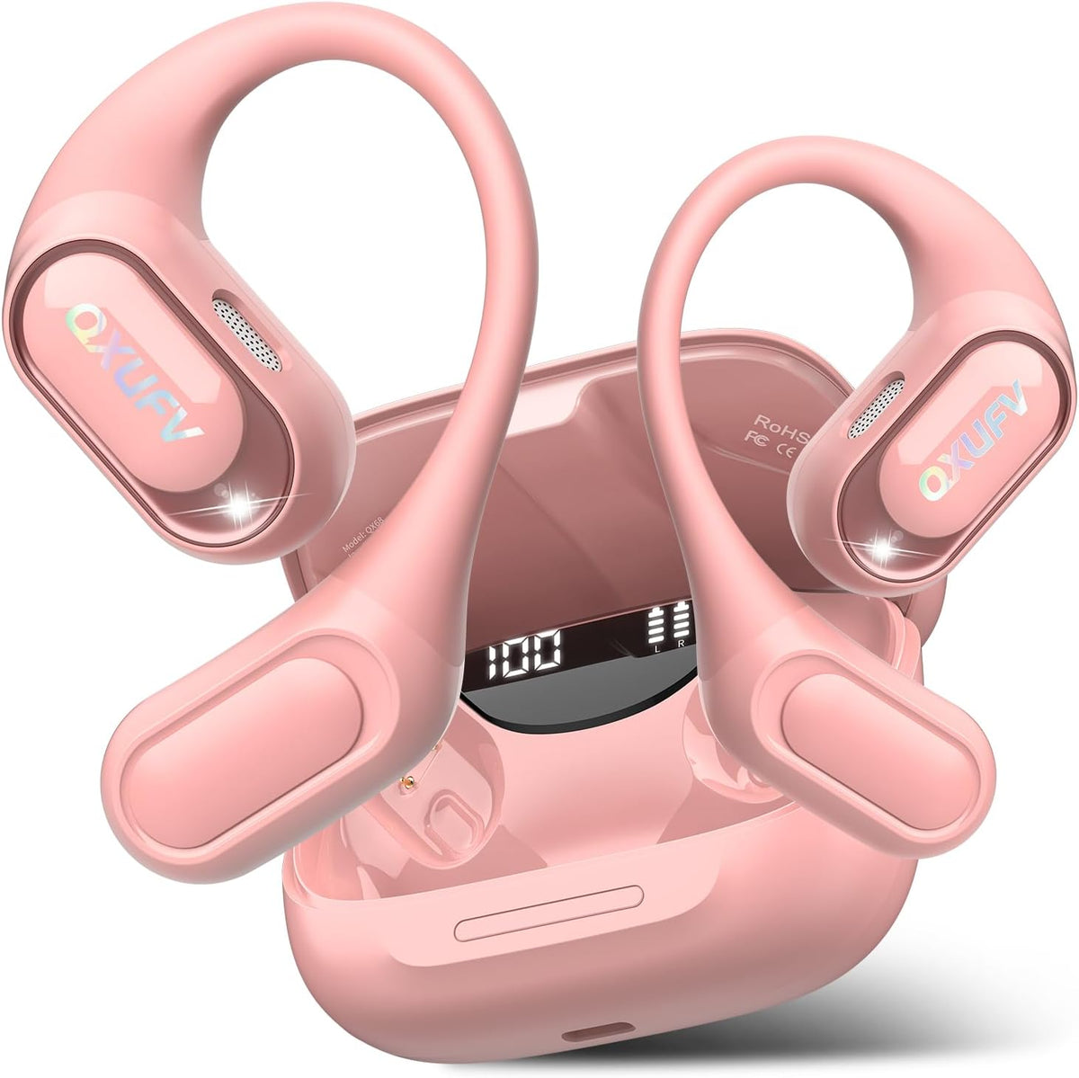 Open Ear Headphones, Bluetooth 5.4 Headphones Sports, Premium Sound with HD Mic Wireless Earbuds, 48H Playtime LED Power Display Ear Buds, IPX7 Lightweight Comfort Earphones for Running, Pink