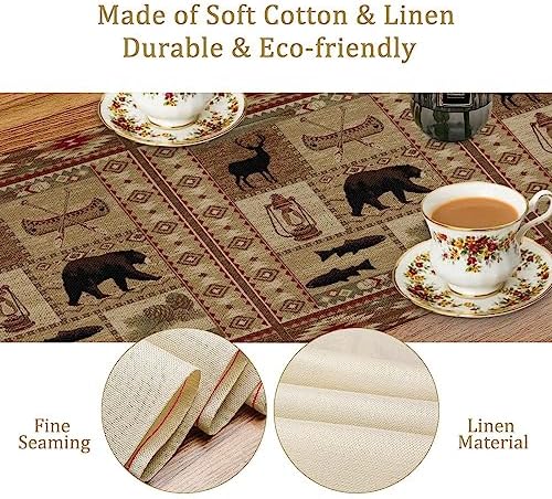 Vintage Rustic Cabin Bear Table Runner,Cottage Country Style Pine Tree Elk Wildlife Dinner Runner for Home Kitchen Dining Table Decoration 13"x70"