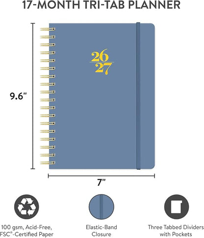 Orange Circle Studio 2027 Planner, Blue Gray Tri-Tab Weekly & Monthly Planner, 9.6" x 7", Spiral Bound Organizer with Note Pages, Pocket Dividers & Elastic Closure Design for Home Office Planning Uses