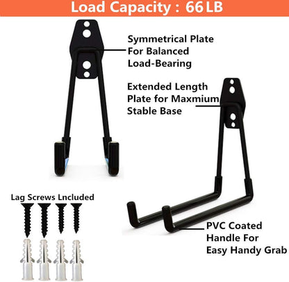 Wall Mount Heavy Duty Double Utility Tools Hooks with Anti-Slip Coating for Garage Storage Organizer Shovels Chair Hose, Pack of 4
