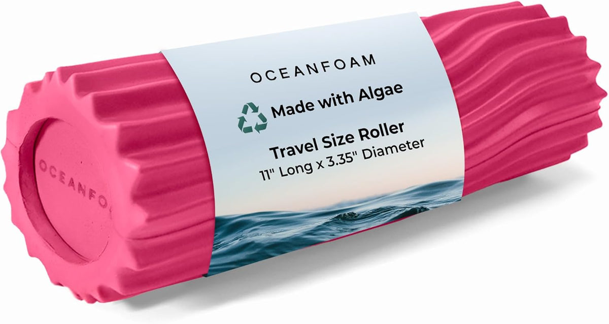 Oceanfoam Ripple Travel Foam Roller (11" x 3.35") Firm Mini Foam Roller for Physical Therapy, Deep Tissue Massage, Back Pain - High Density, Ergonomic Wave Textured, Yoga, Pilates, Exercise (Hot Pink)