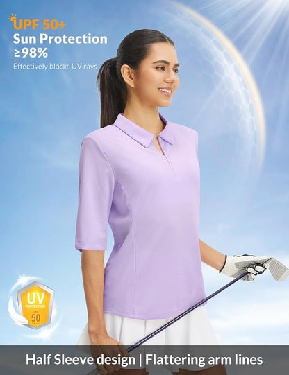 baleaf Womens Golf Shirts Half Sleeve Elbow Length Polo Tops | Stretch, Sun Protection UPF 50+, Quick Dry, Breathable, Moisture Wicking, Quarter Zip V Neck, Ideal for Golf Work Casual